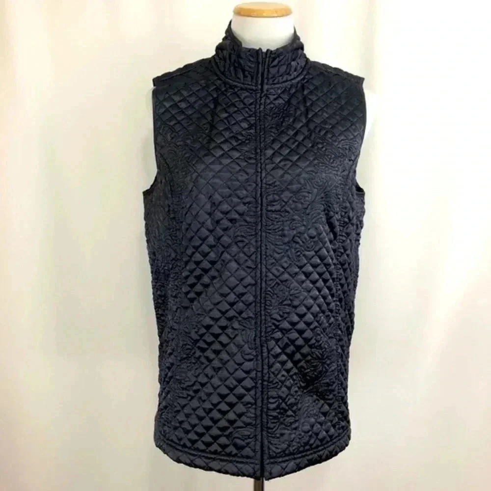 Susan Graver Women’s Vest Medium Gray Front Zip Quilted Pockets